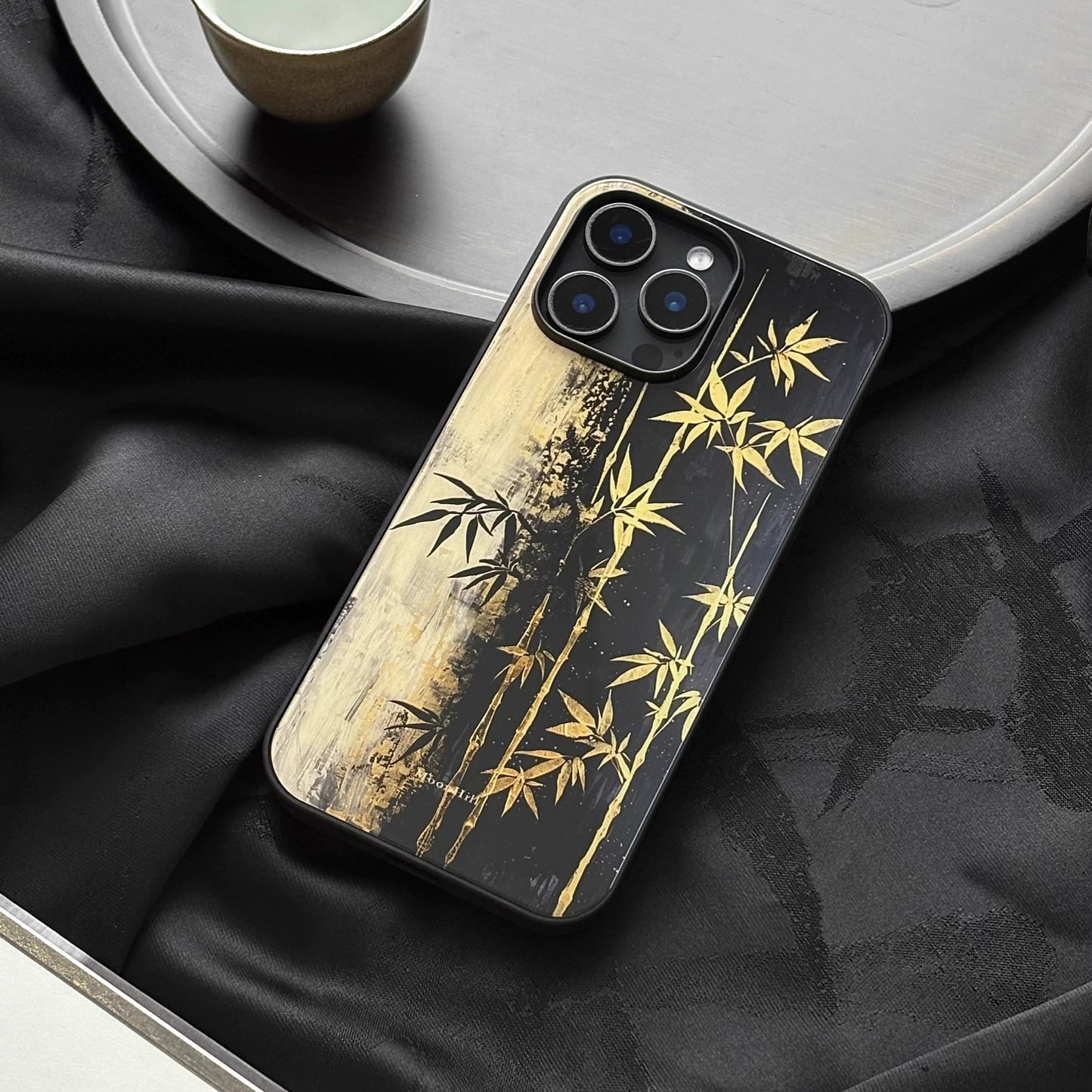 Black and gold bamboo pattern anti-slip full-coverage glass premium phone case