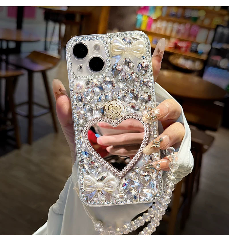 Fully diamond-encrusted rose-patterned transparent soft phone case with lanyard