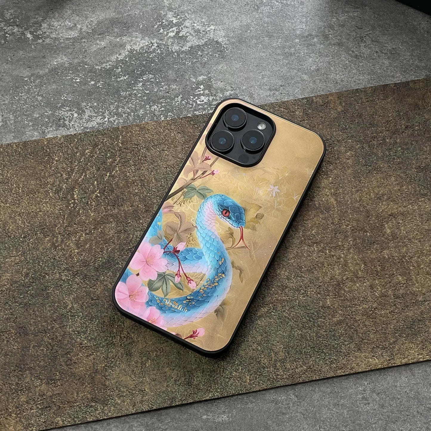 Blue Peach Blossom Snake Art Design Non-slip Full Coverage Glass Original Premium Phone Case