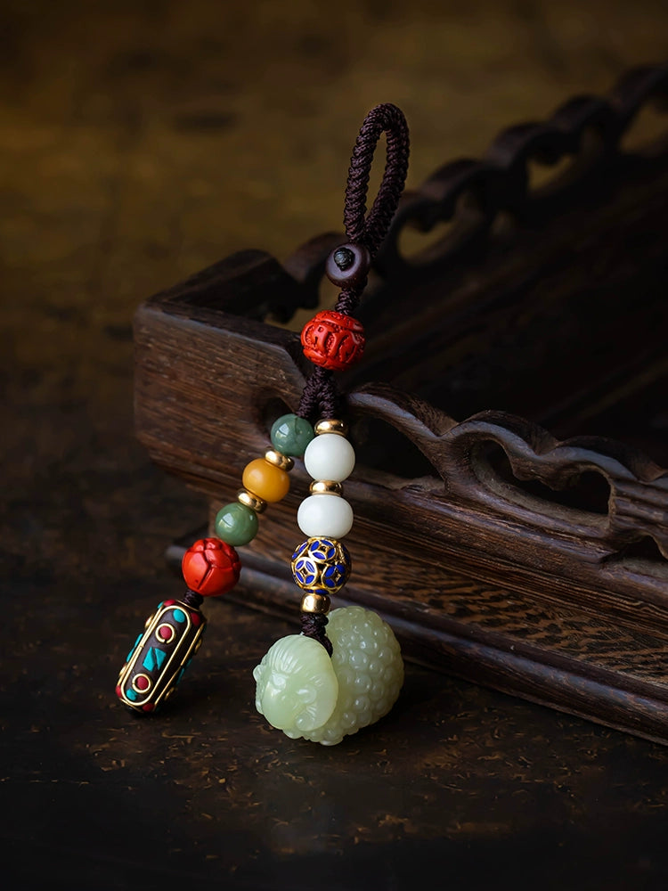 Natural Hetian Jade Zodiac Sheep Keychain