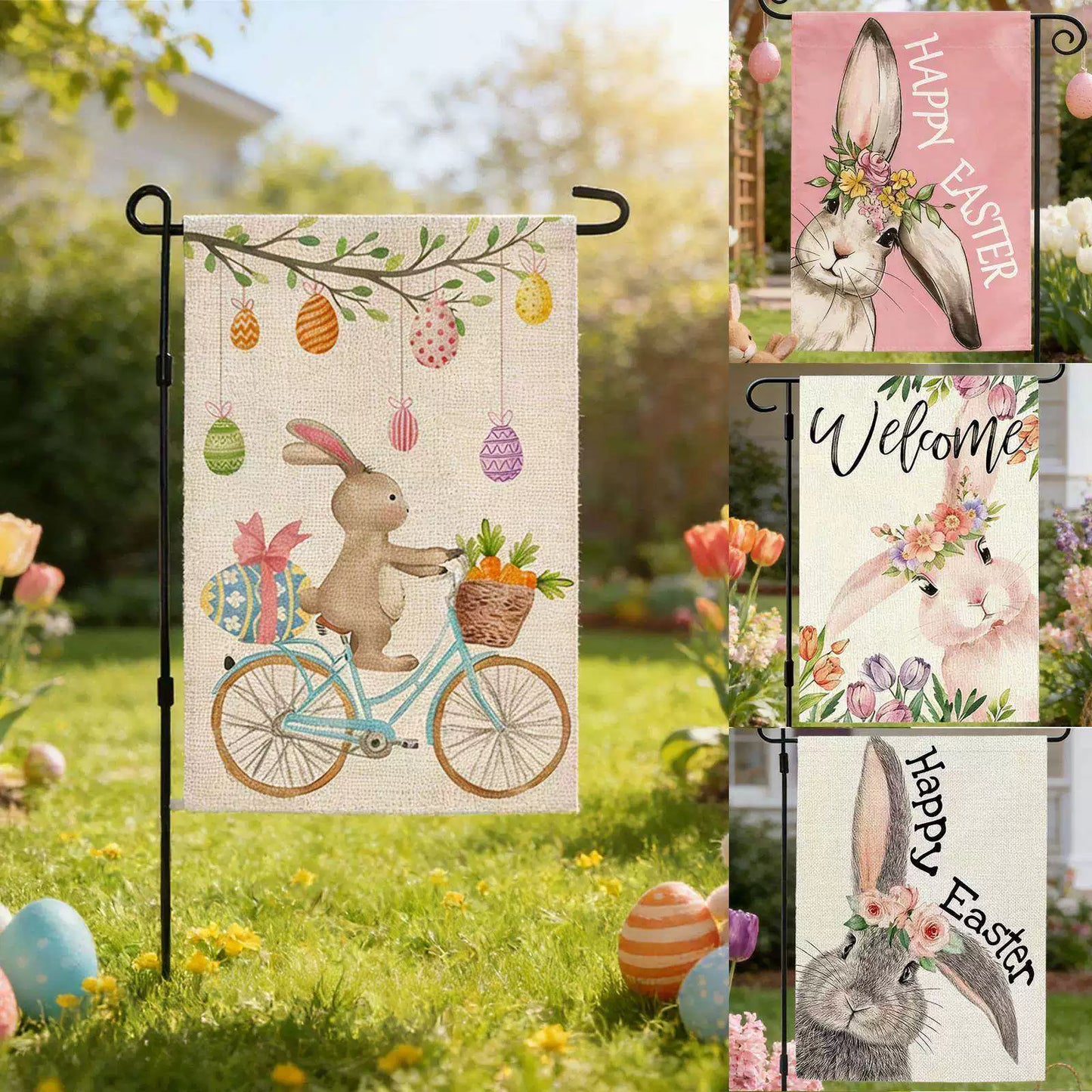Easter Bunny Egg Double-Sided Linen Garden Flag (Flagpole Not Included) Outdoor Patio Decoration