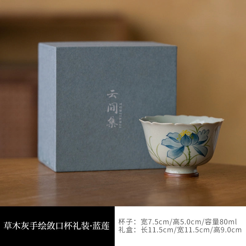Wood Ash Glazed Hand-Painted Lotus Ceramic Teacup