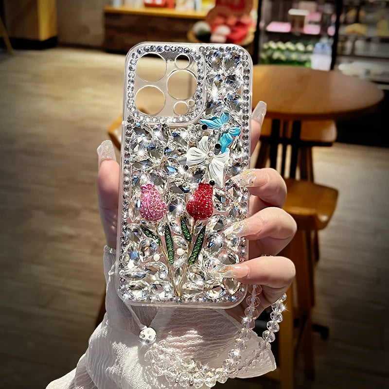 Fully diamond-encrusted rose-patterned transparent soft phone case with lanyard