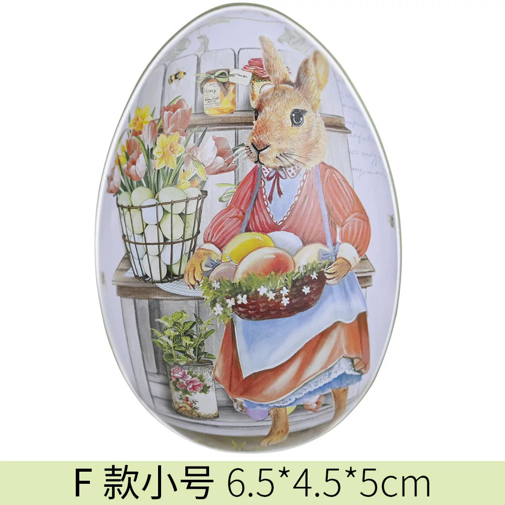 Easter tin eggshells, colorful bunnies, candy egg-shaped tin boxes