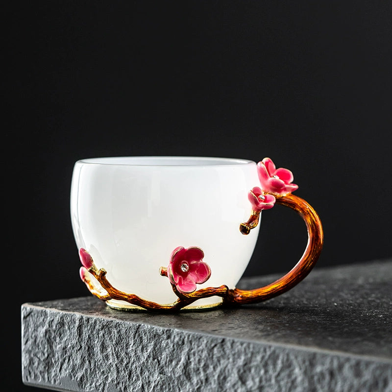 3D Embossed Floral Glass Teacup