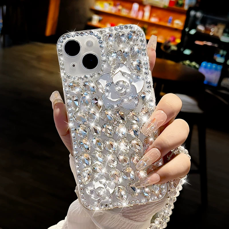 Sparkling rhinestone bow creative transparent soft phone case with lanyard