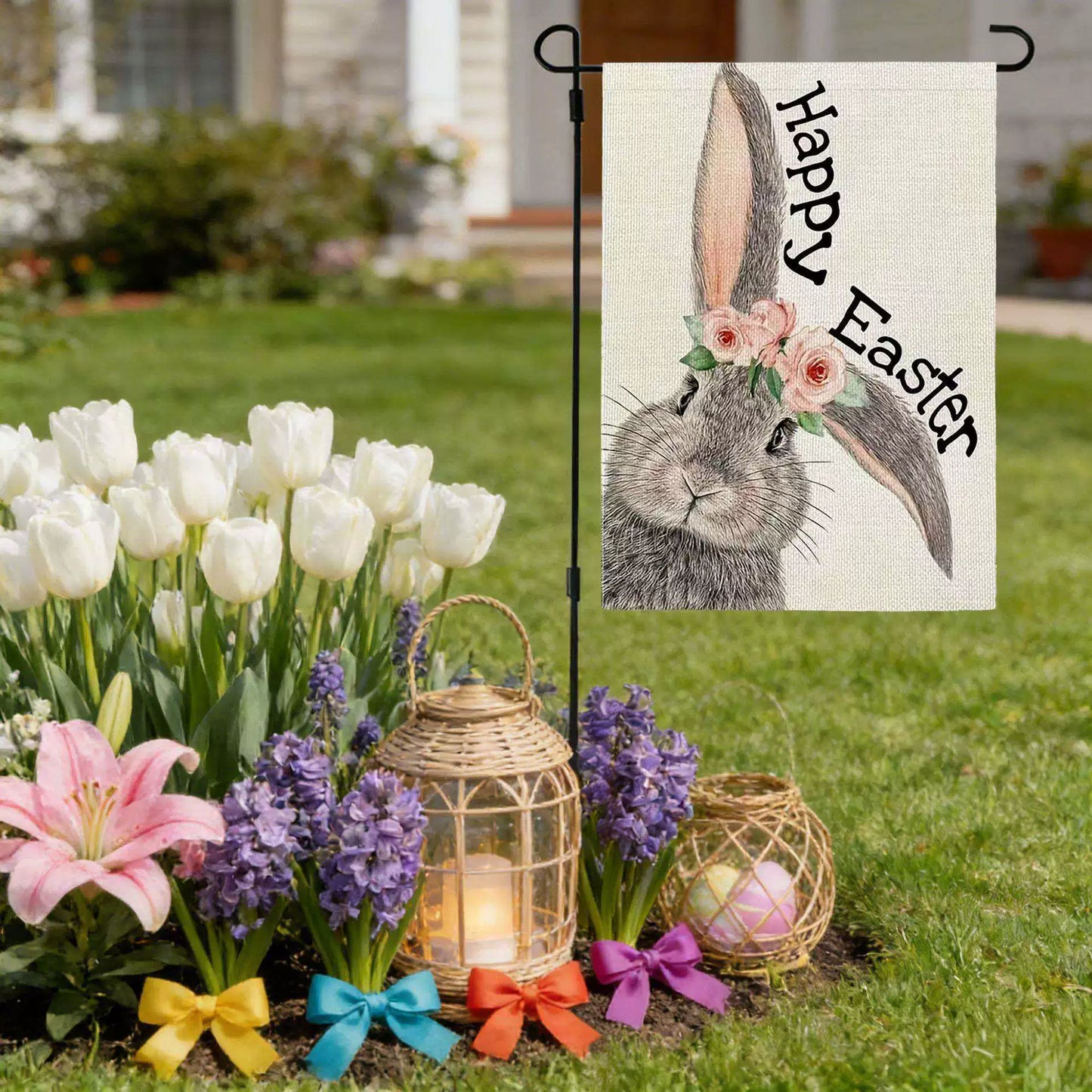 Easter Bunny Egg Double-Sided Linen Garden Flag (Flagpole Not Included) Outdoor Patio Decoration