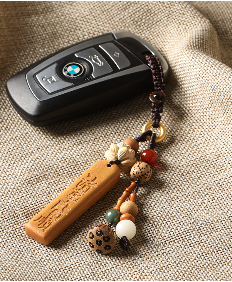 Natural Sandalwood Keychain with Blessing Words