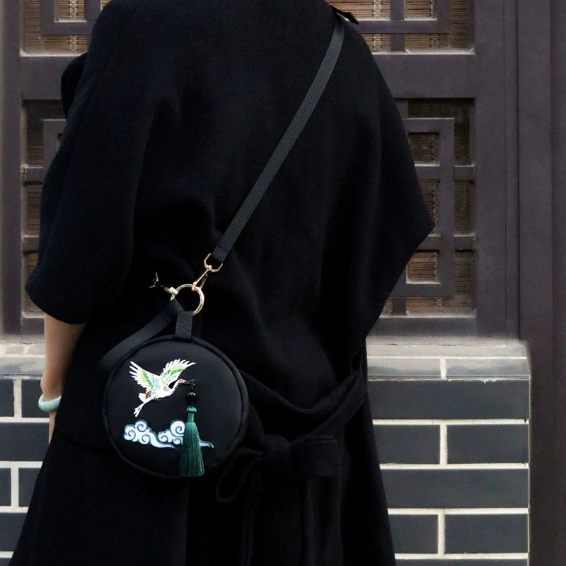 Chinese Retro White Crane Mini Leather Bag