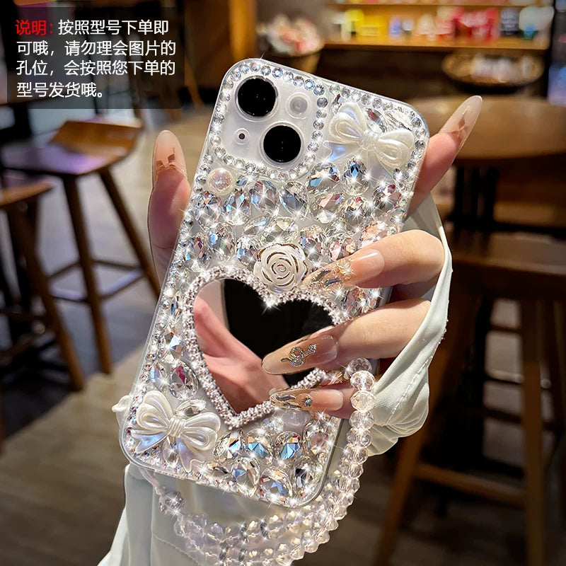 Fully diamond-encrusted rose-patterned transparent soft phone case with lanyard