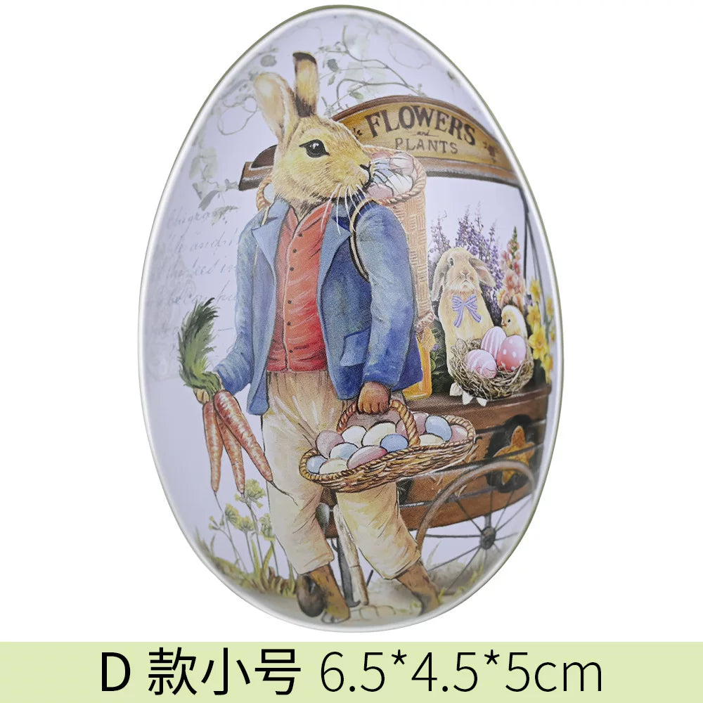 Easter tin eggshells, colorful bunnies, candy egg-shaped tin boxes