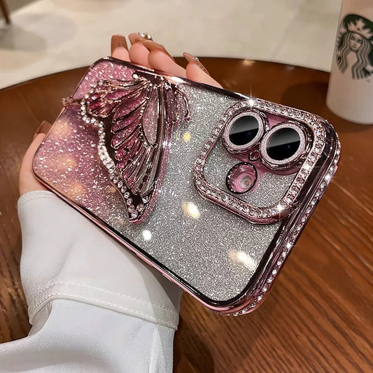 Quicksand butterfly rhinestone glitter lens film full coverage silicone phone case