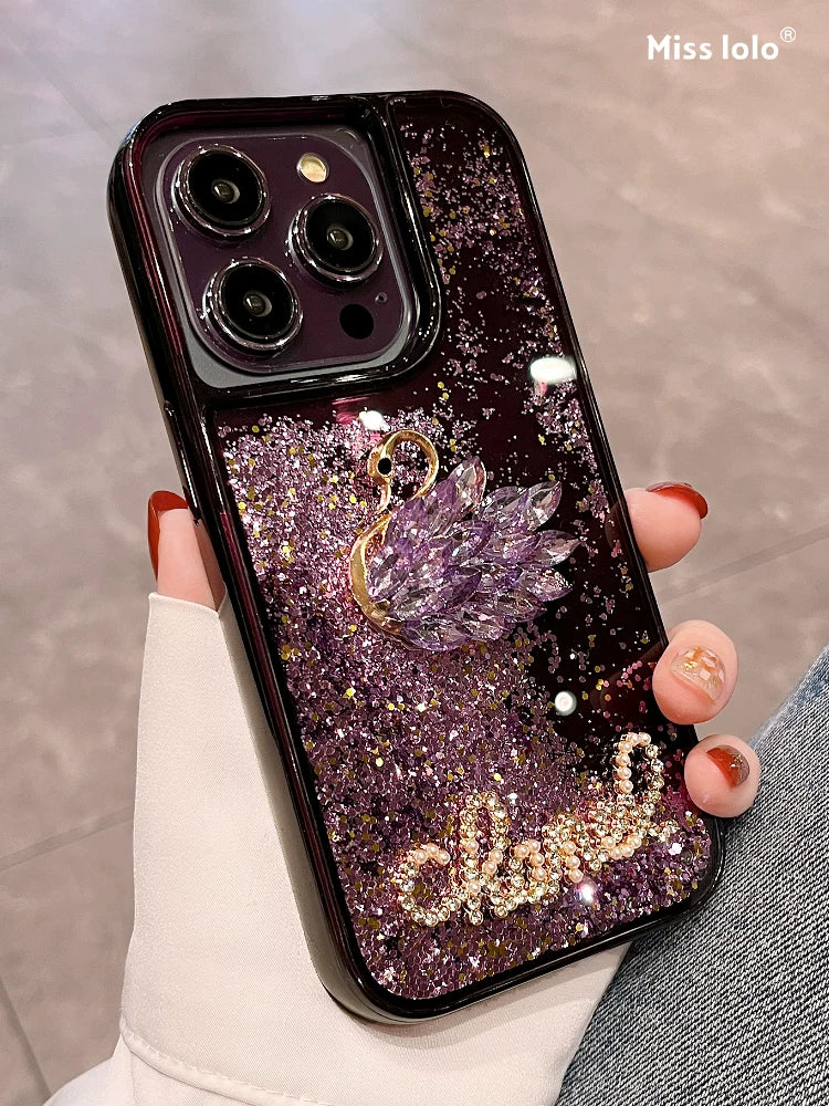 Liquid quicksand rhinestone swan glitter full-coverage shockproof phone case