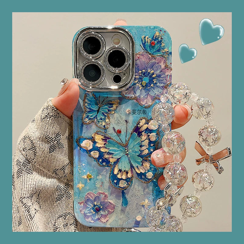 Blue oil painting butterfly and flower silicone phone case