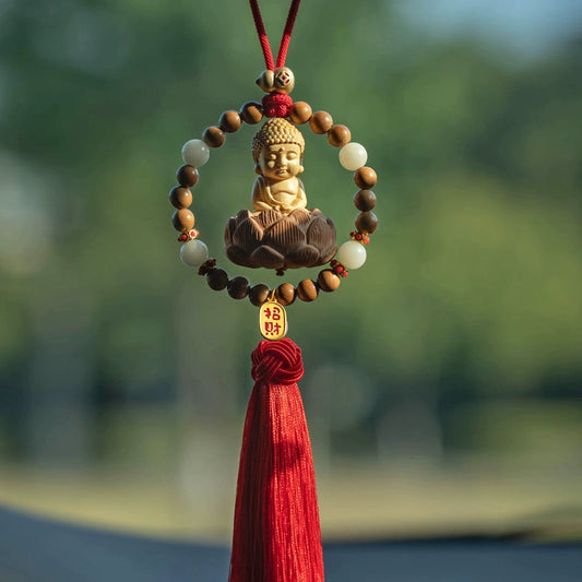 Yellow Peach Wood Baby Buddha Car Pendant
