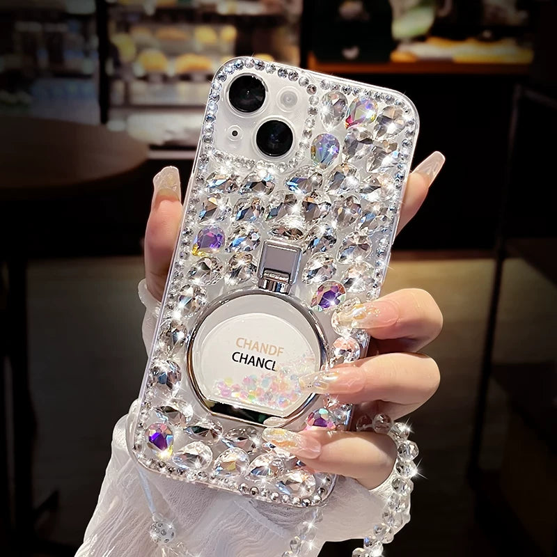 Sparkling rhinestone bow creative transparent soft phone case with lanyard