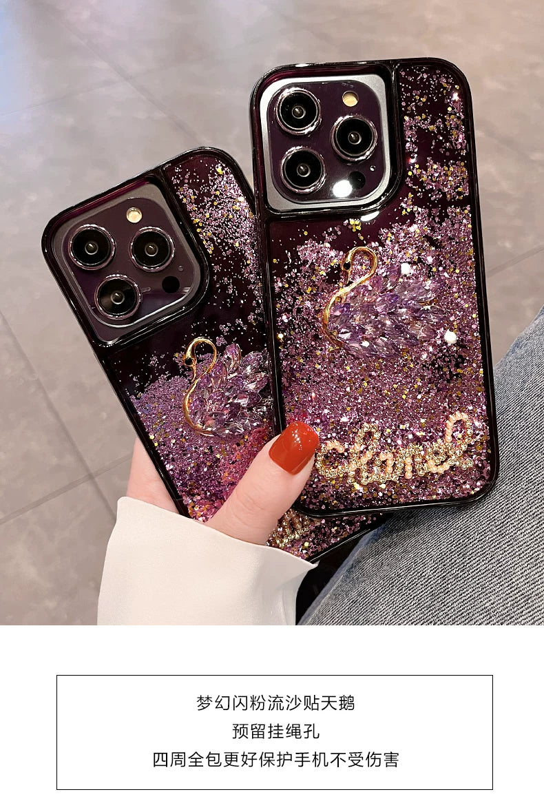 Liquid quicksand rhinestone swan glitter full-coverage shockproof phone case