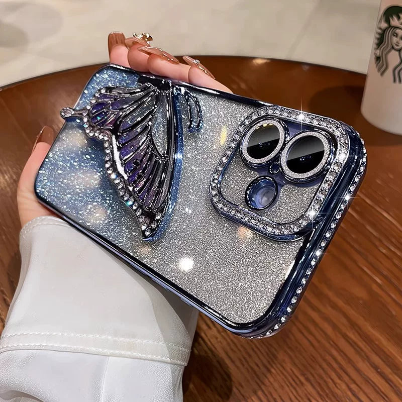 Quicksand butterfly rhinestone glitter lens film full coverage silicone phone case