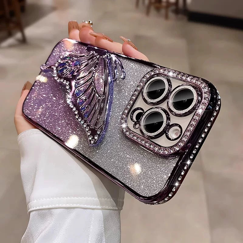 Quicksand butterfly rhinestone glitter lens film full coverage silicone phone case