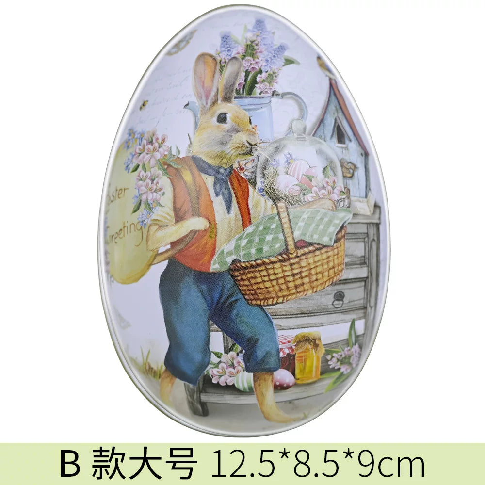 Easter tin eggshells, colorful bunnies, candy egg-shaped tin boxes
