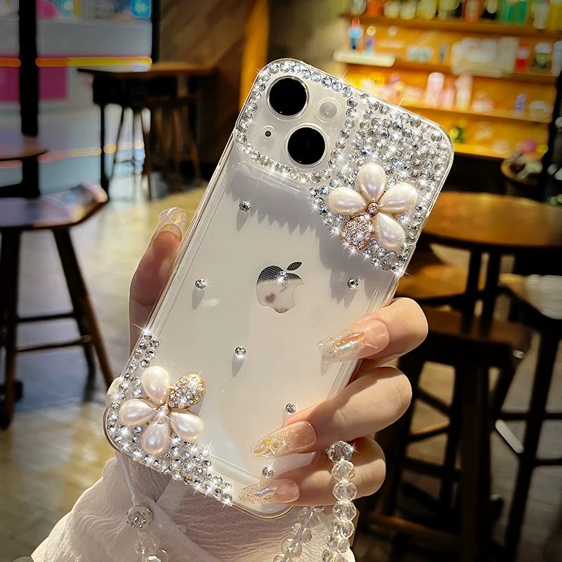 Sparkling rhinestone bow creative transparent soft phone case with lanyard