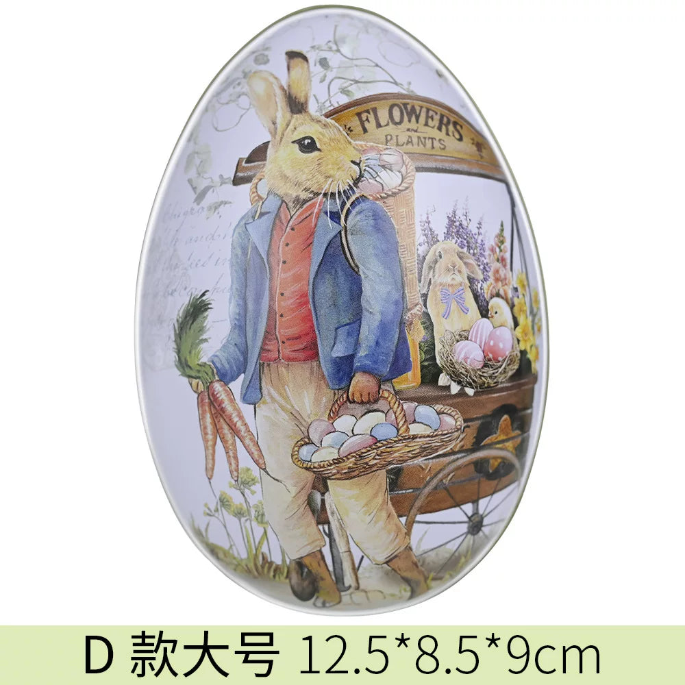 Easter tin eggshells, colorful bunnies, candy egg-shaped tin boxes