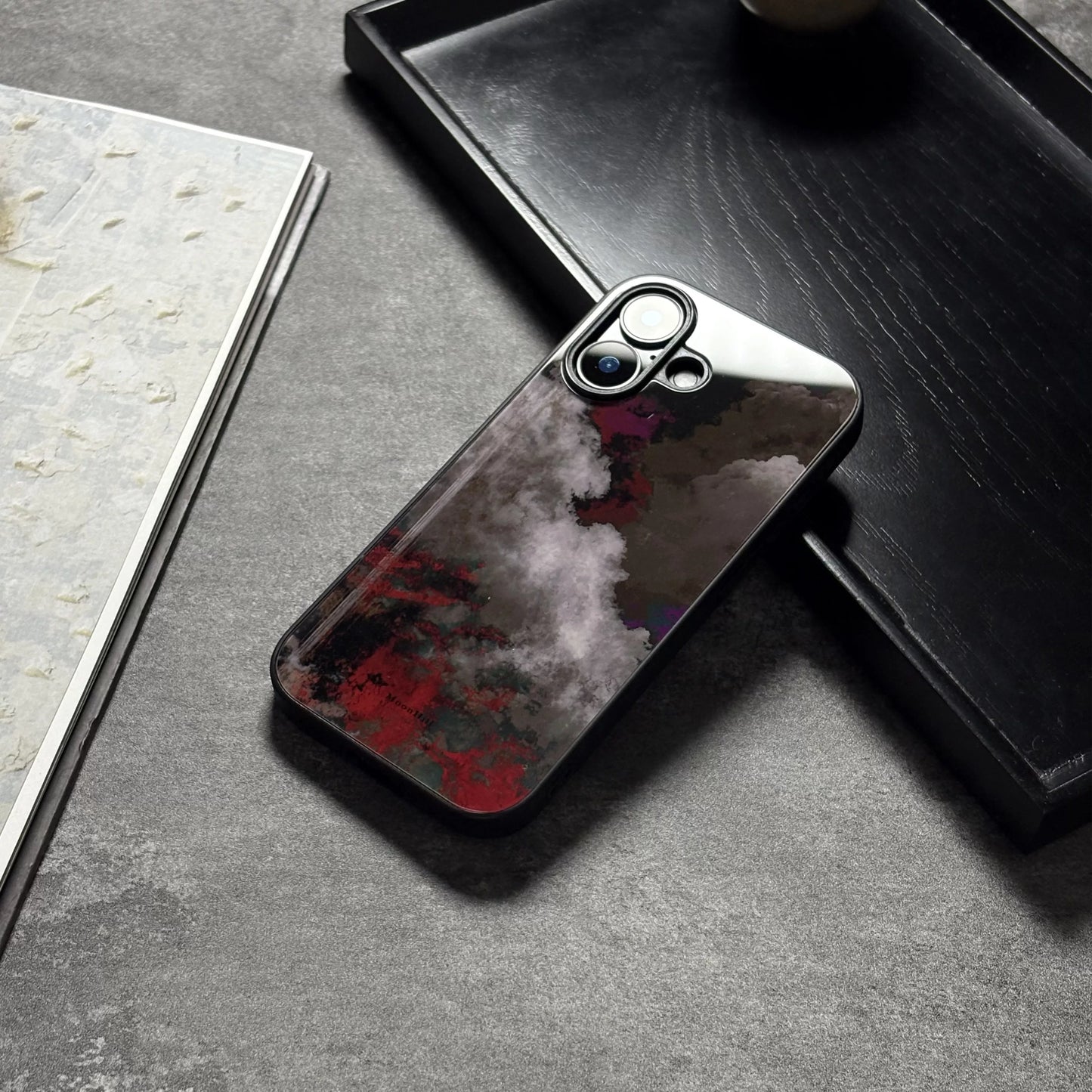 Red-tinted cloud pattern anti-slip full-coverage glass premium phone case