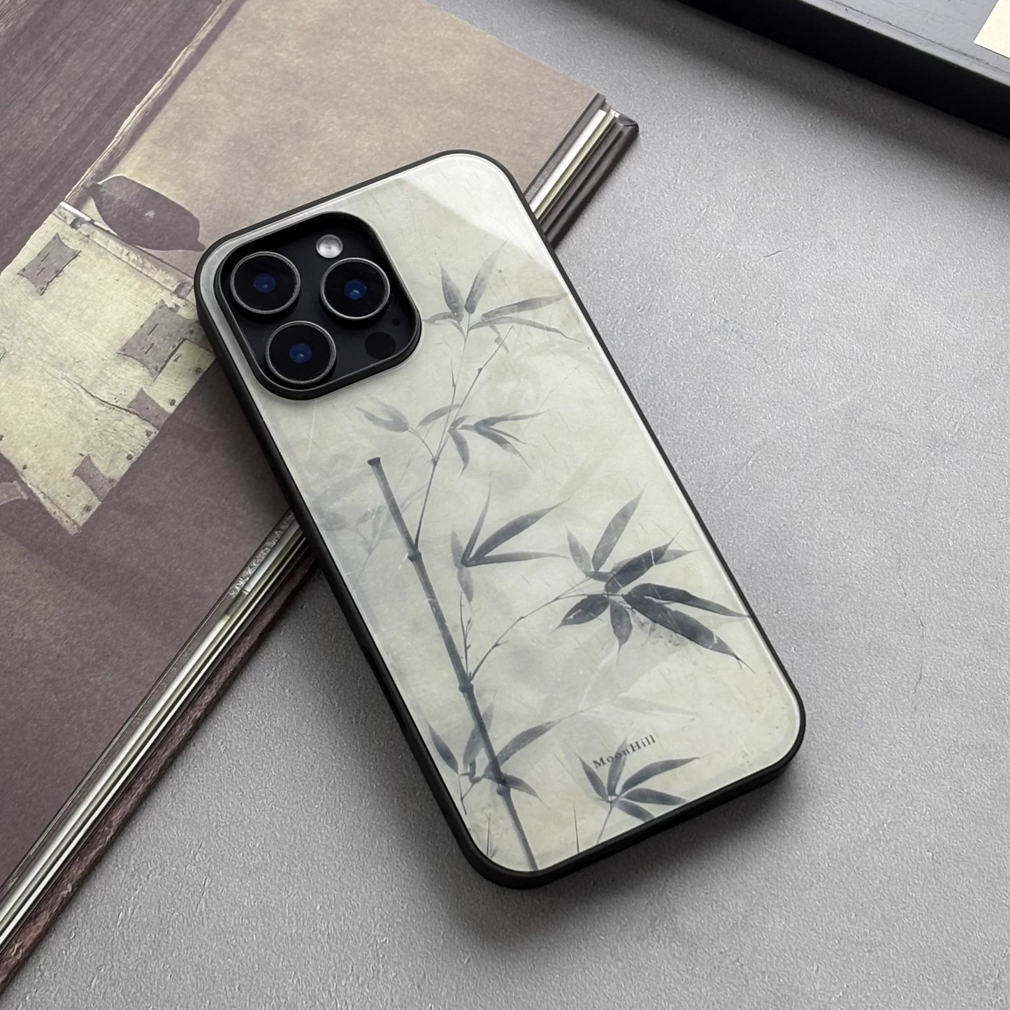 Ink painting style bamboo design anti-slip full-coverage tempered glass premium phone case