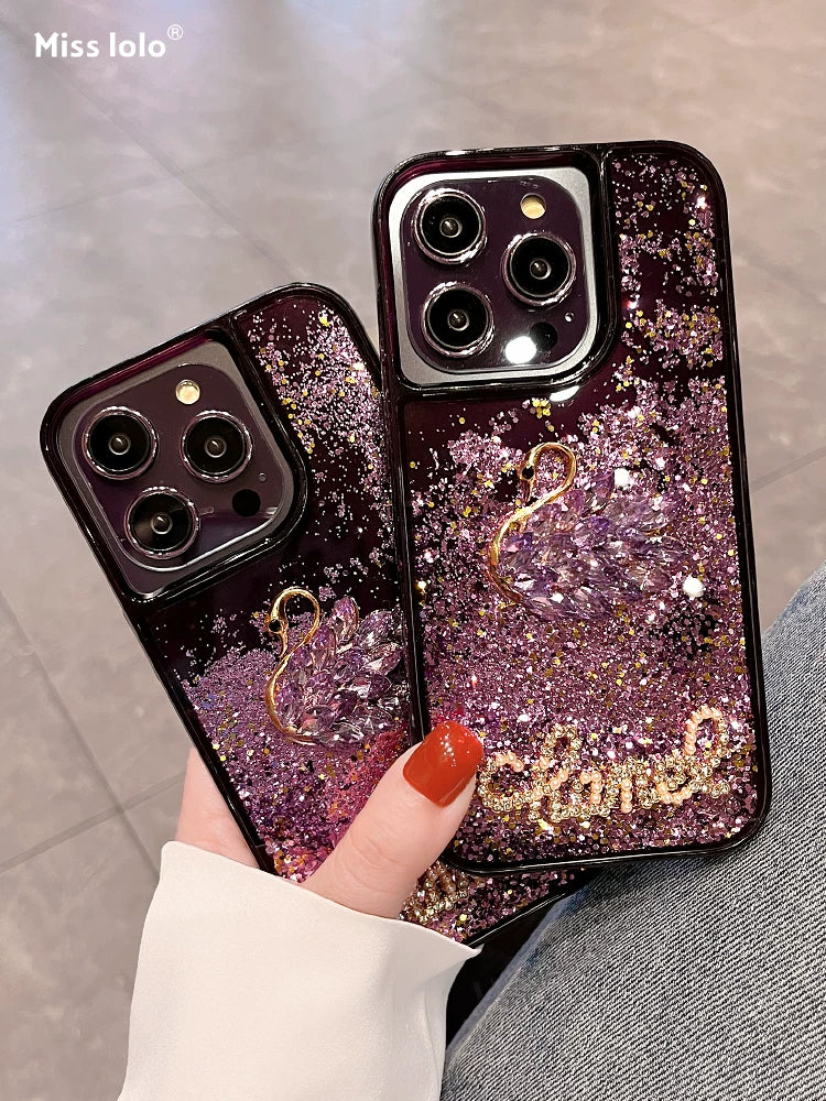 Liquid quicksand rhinestone swan glitter full-coverage shockproof phone case