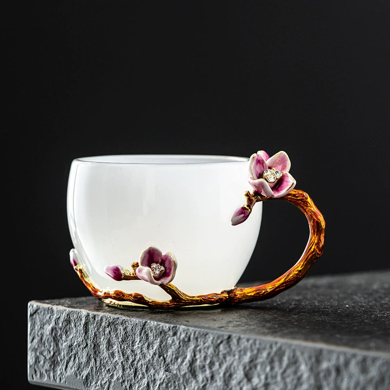 3D Embossed Floral Glass Teacup
