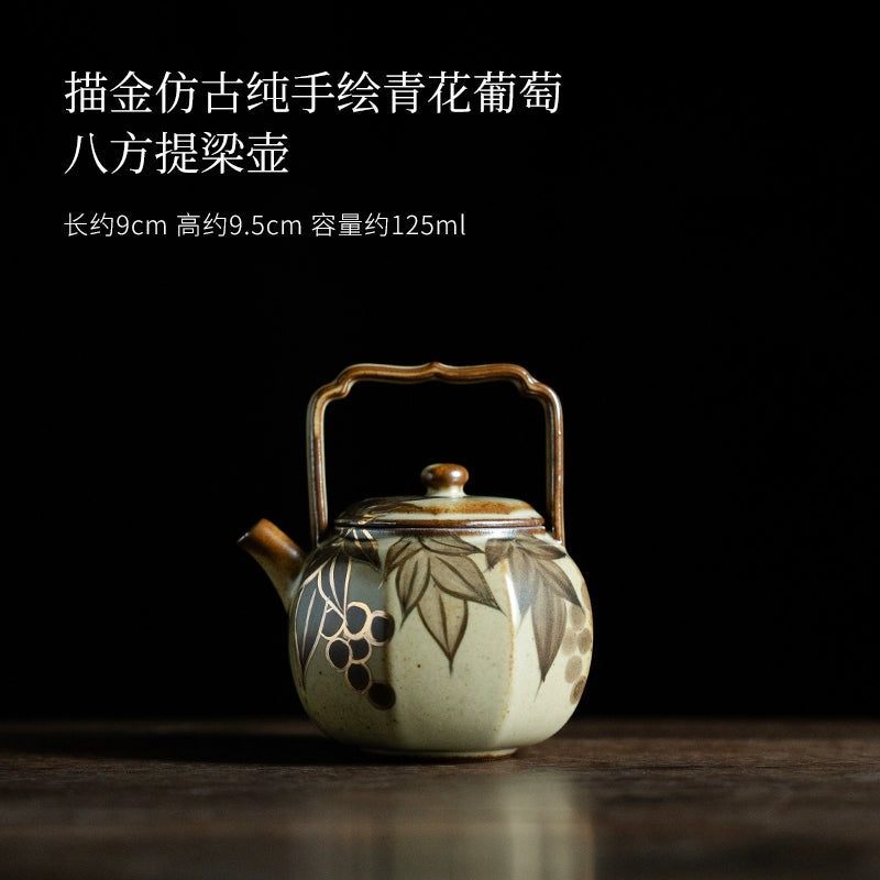Octafoil Archaic Teapot with Blue-and-White Grapes and Gold Accents