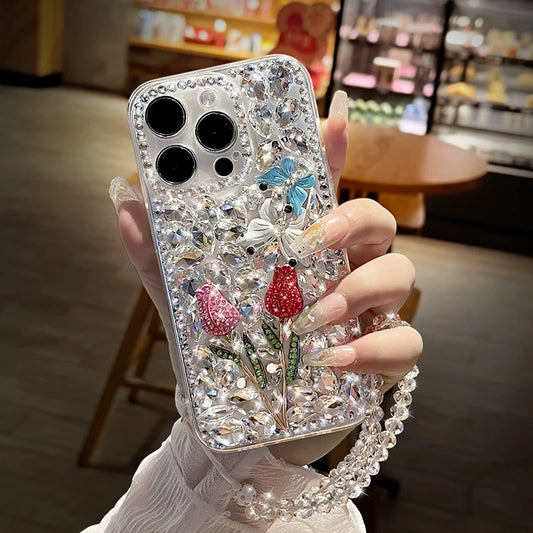 Fully diamond-encrusted rose-patterned transparent soft phone case with lanyard