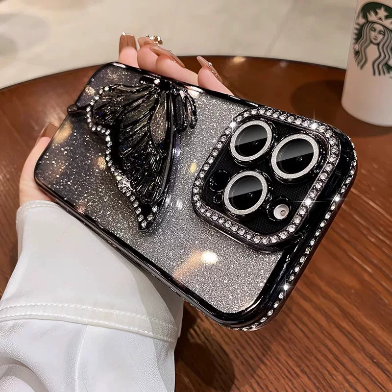 Quicksand butterfly rhinestone glitter lens film full coverage silicone phone case