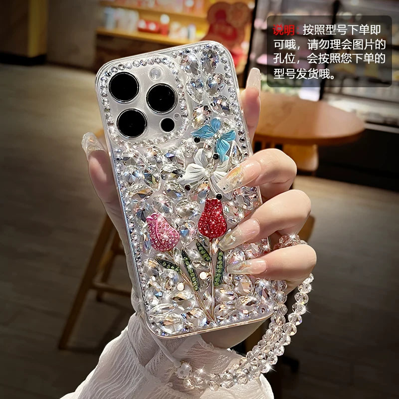 Fully diamond-encrusted rose-patterned transparent soft phone case with lanyard