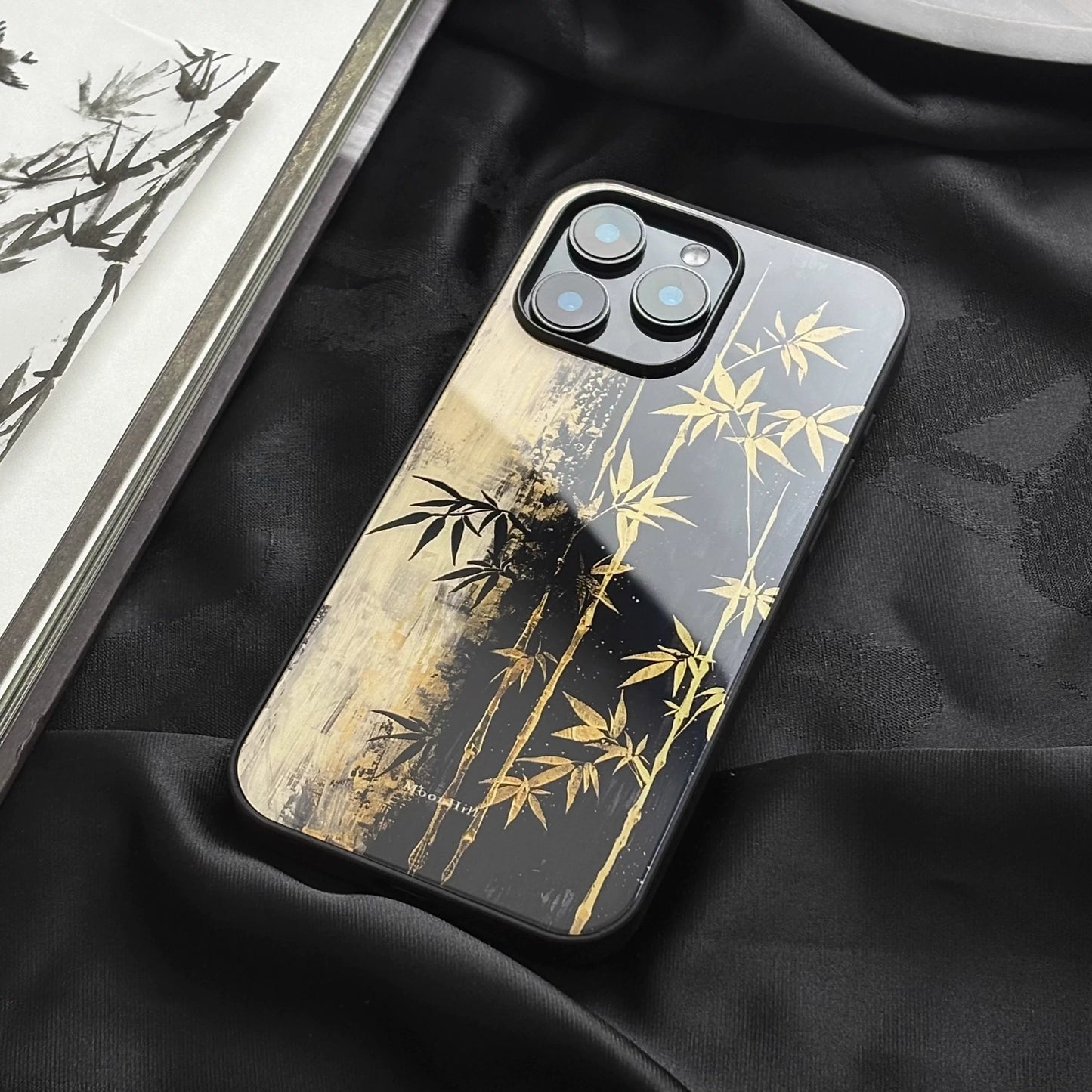 Black and gold bamboo pattern anti-slip full-coverage glass premium phone case