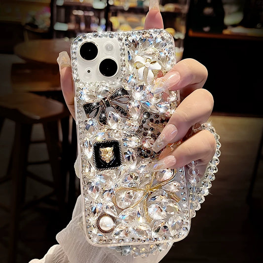 Sparkling rhinestone bow creative transparent soft phone case with lanyard