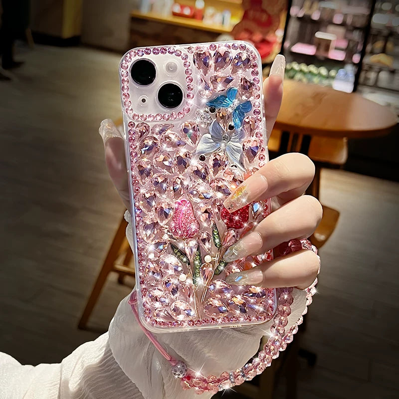 Fully diamond-encrusted rose-patterned transparent soft phone case with lanyard