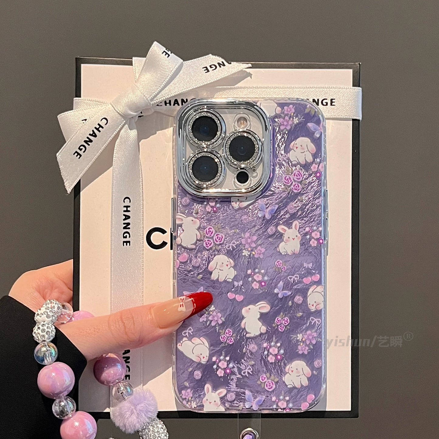 Early Spring Purple Floral Bunny Tin Foil Textured Phone Case