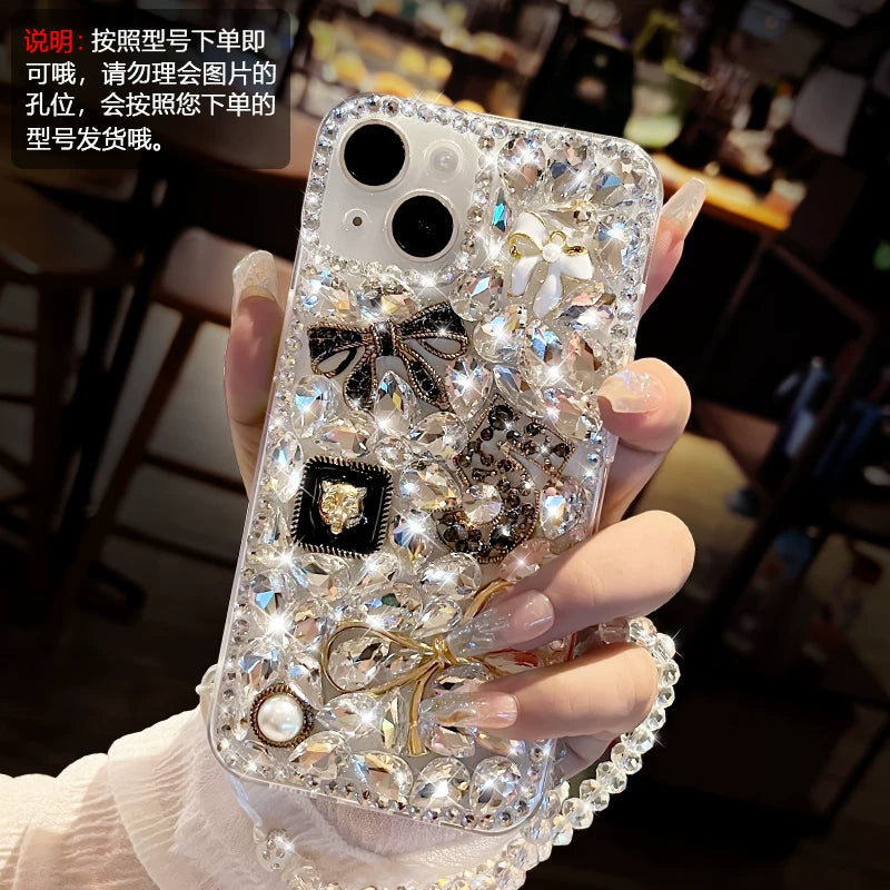 Fully diamond-encrusted rose-patterned transparent soft phone case with lanyard