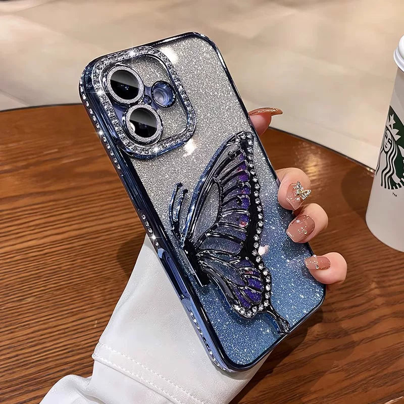 Quicksand butterfly rhinestone glitter lens film full coverage silicone phone case