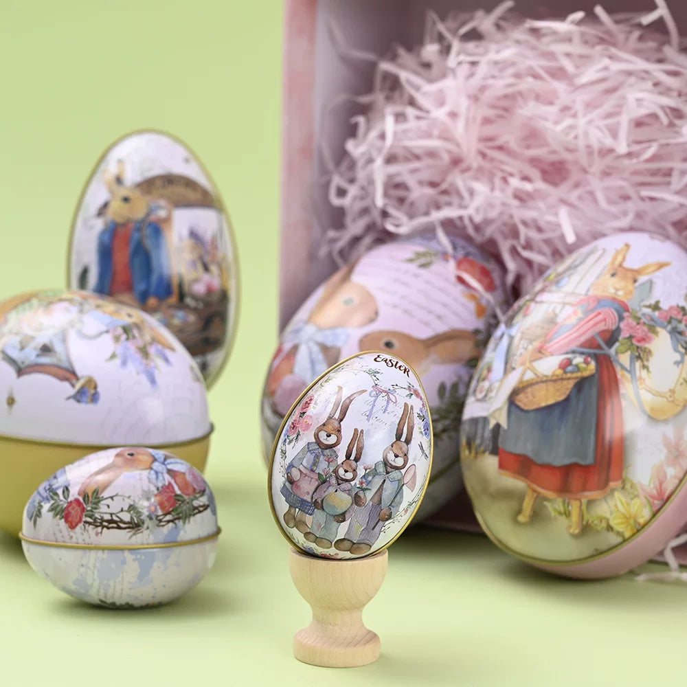 Easter tin eggshells, colorful bunnies, candy egg-shaped tin boxes