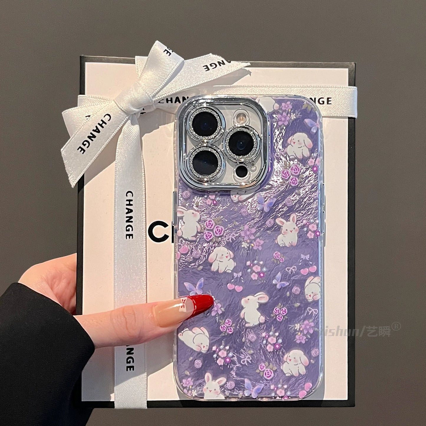 Early Spring Purple Floral Bunny Tin Foil Textured Phone Case