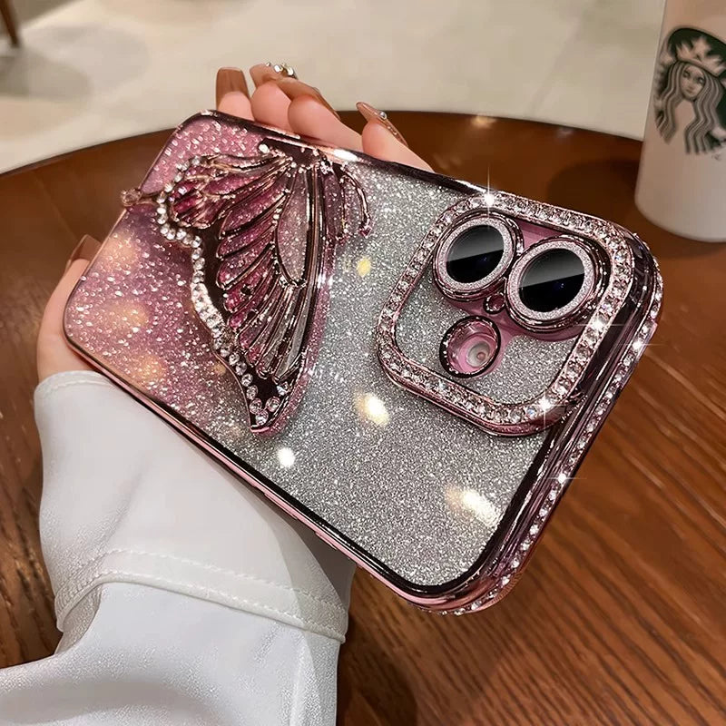 Quicksand butterfly rhinestone glitter lens film full coverage silicone phone case