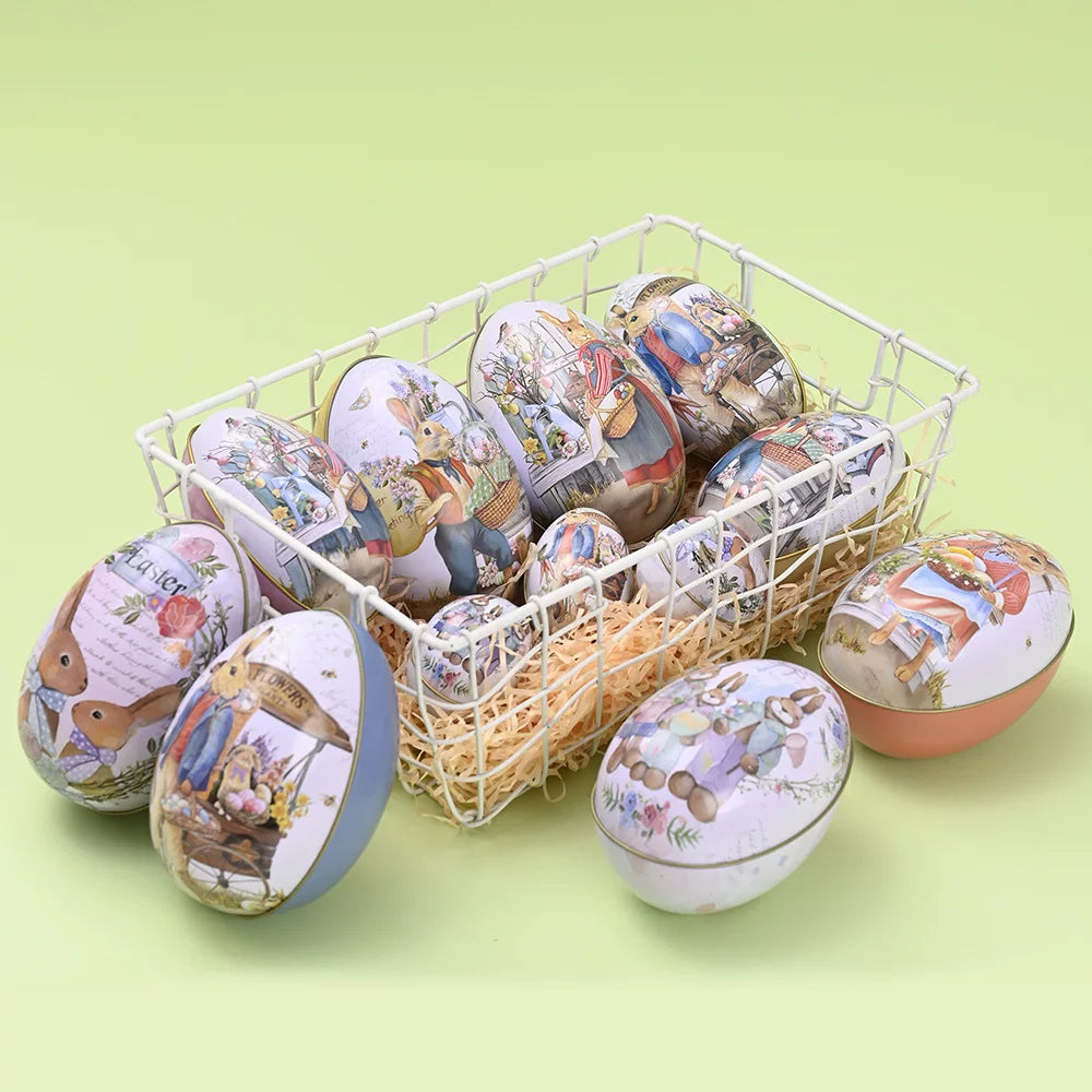 Easter tin eggshells, colorful bunnies, candy egg-shaped tin boxes