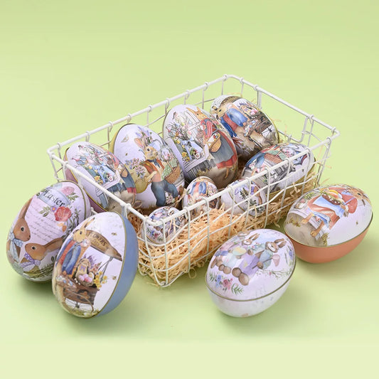 Easter tin eggshells, colorful bunnies, candy egg-shaped tin boxes