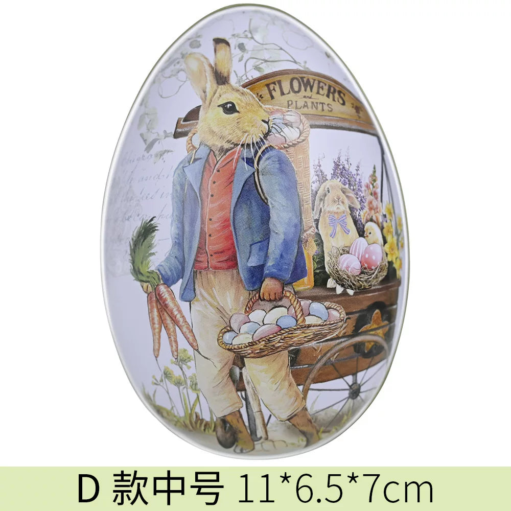 Easter tin eggshells, colorful bunnies, candy egg-shaped tin boxes