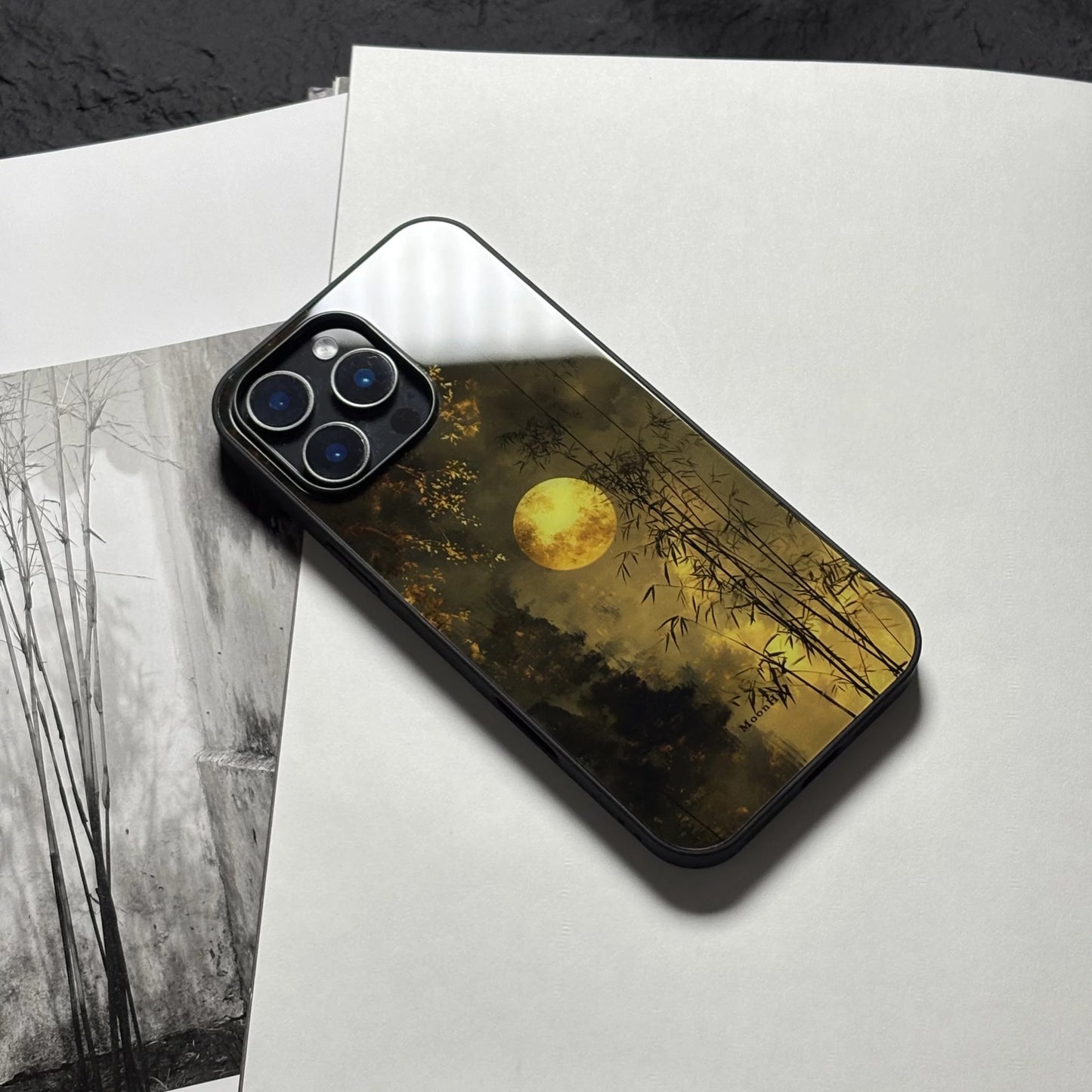 Moonlit bamboo forest art design non-slip full-coverage tempered glass premium phone case