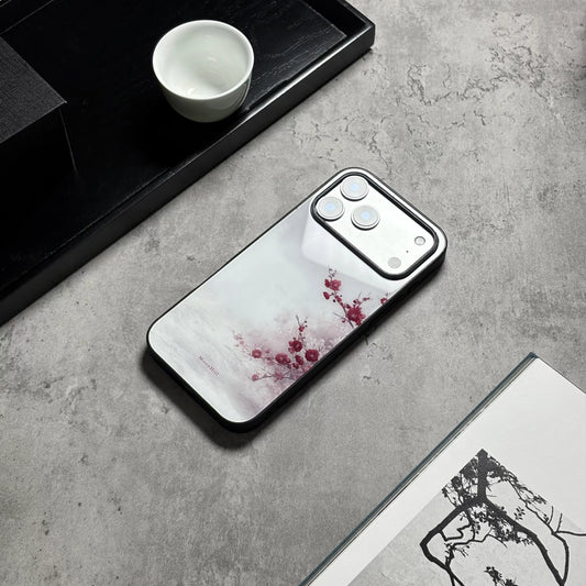Plum blossom pattern anti-slip full-coverage tempered glass premium phone case