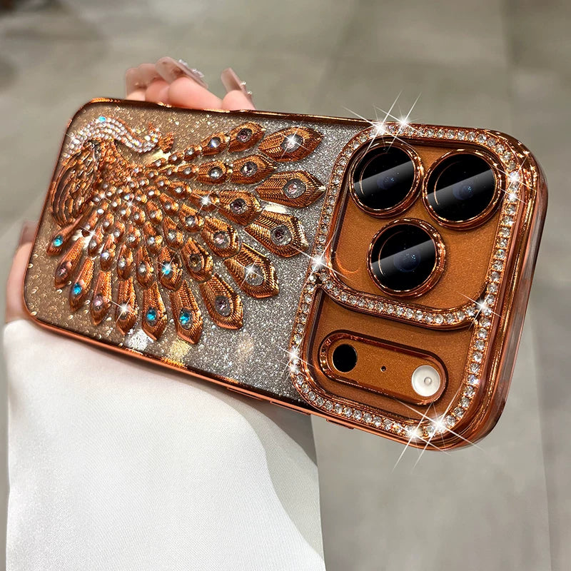 Diamond peacock glitter phone case with built-in lens protector, full coverage phone case