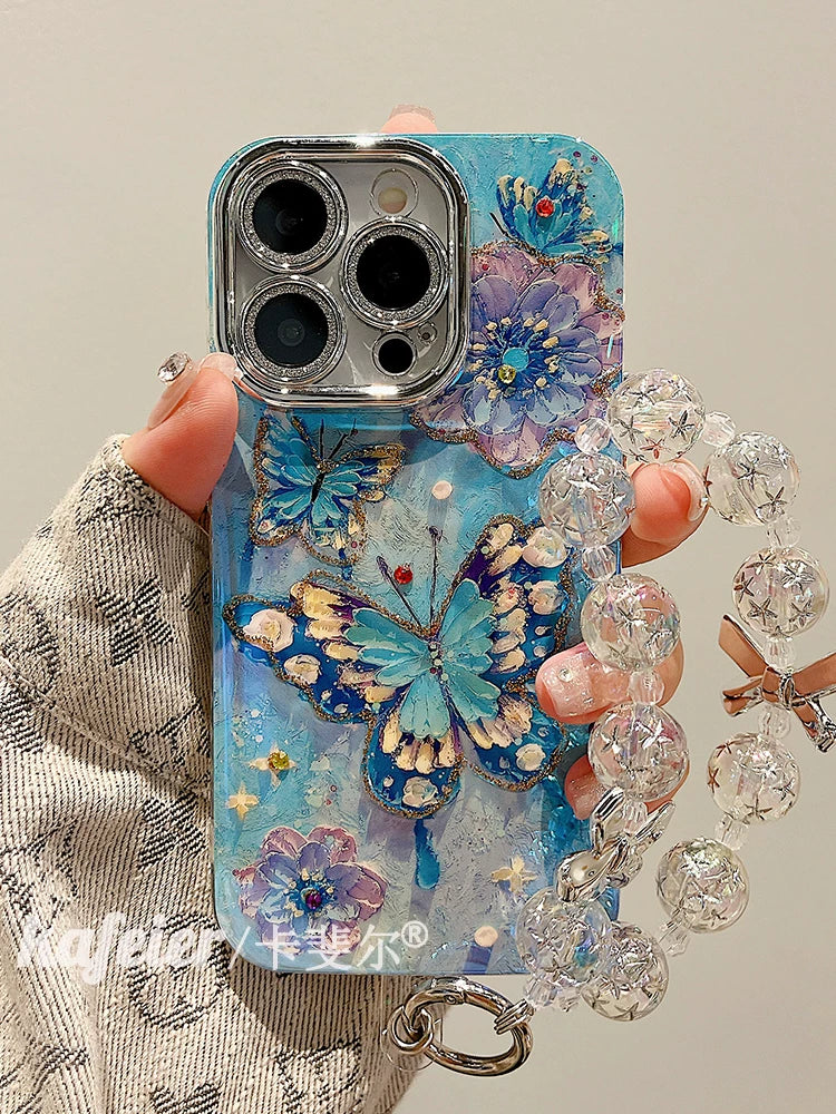 Blue oil painting butterfly and flower silicone phone case